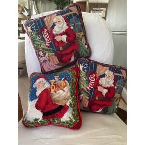 Vintage Needlepoint Christmas Throw Pillow Velvet Santa Kids Presents 13”x 13”